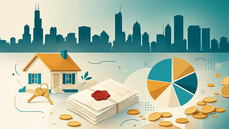 Flat fintech illustration of a Chicago skyline behind a house with keys, sealed closing documents, a fee pie chart and gold coins