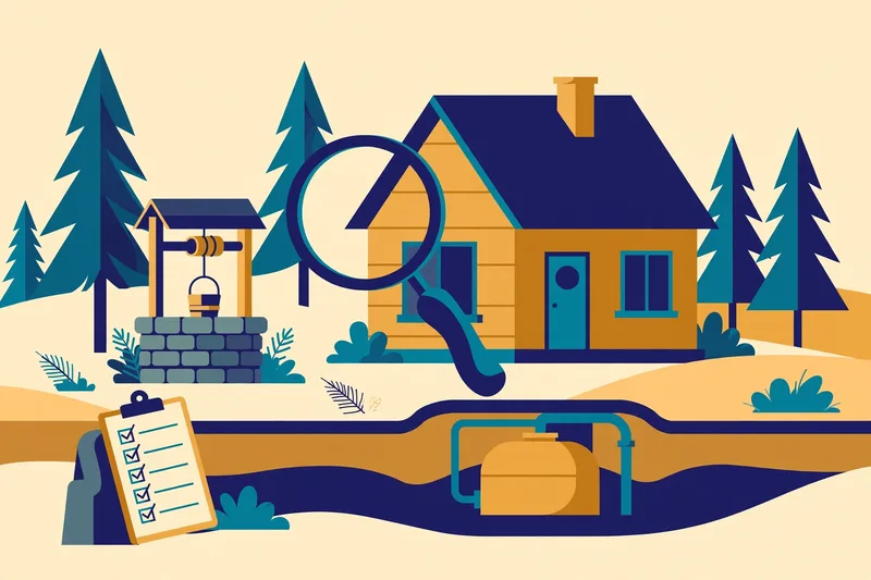 Illustration of a house with a magnifying glass over its foundation, a water well and pine trees around, symbolising Maine&rsquo;s well, septic and radon inspections
