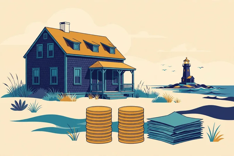 Illustration of a New England coastal house with a lighthouse in the distance, two equal stacks of gold coins beside closing documents, symbolising Maine&rsquo;s 50/50 split transfer tax