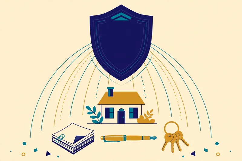 Illustration of a navy shield emblem over a house with closing documents and keys, symbolising the owner's title insurance Michigan sellers customarily buy
