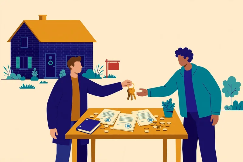Illustration of a suburban brick house with a sold sign, a seller handing a ring of gold keys to a buyer across stamped closing documents, symbolising Michigan's seller-paid transfer tax