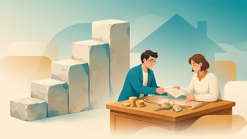 Illustration of an ascending staircase of blocks representing graduated tax tiers, with an attorney handing closing documents to a homebuyer at a signing table