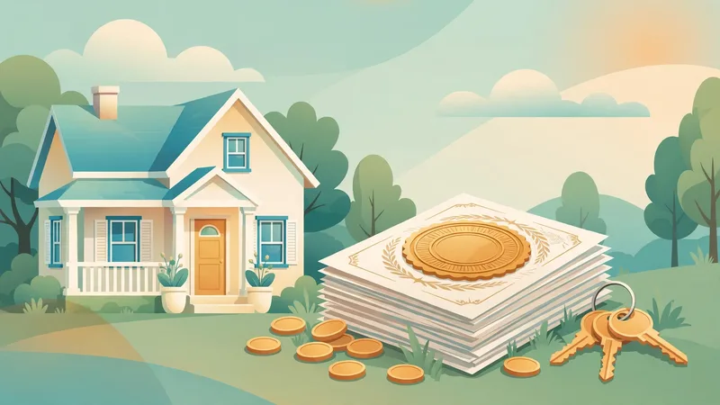 Illustration of a New Jersey suburban house beside a stack of closing documents with a tax stamp, gold coins and house keys