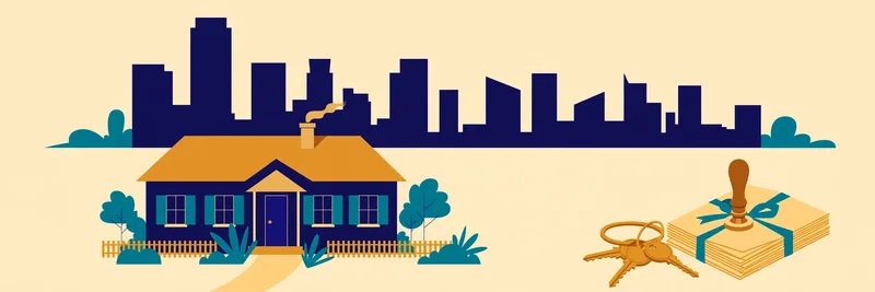 Illustration of a city skyline behind a suburban house with a ring of gold keys and sealed closing documents