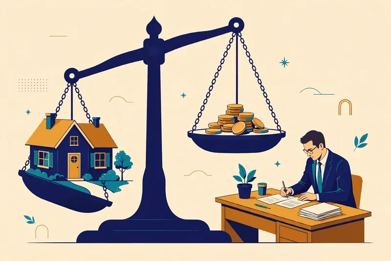Illustration of a suburban house on a balance scale tipping toward a small pile of gold coins, with an attorney signing closing documents, symbolising North Carolina’s below-average closing costs