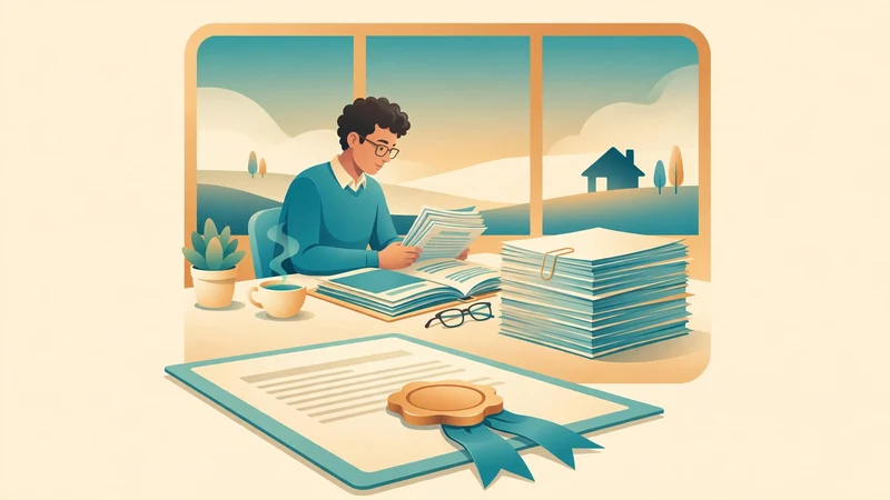 Flat fintech illustration of a home buyer reviewing closing paperwork at a desk, with a sealed official document and a house silhouette behind