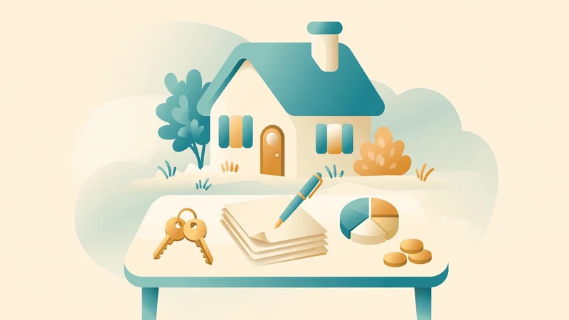 Flat fintech illustration of an Ohio home closing: house keys on a signing desk beside closing documents, a fee pie chart and gold coins