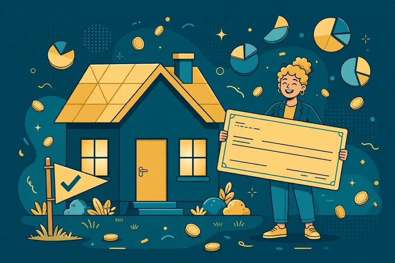 Flat fintech illustration in deep teal and gold: a house with a sold sign and a pie chart showing the sale price splitting into commission, taxes and net proceeds.