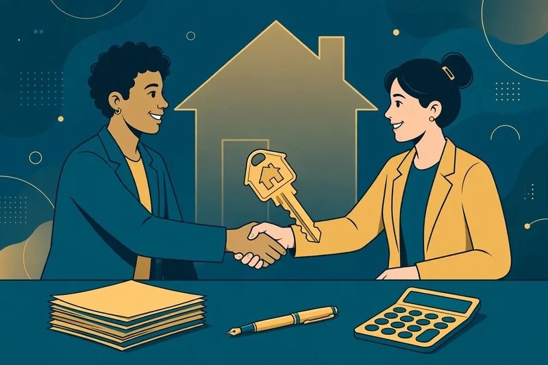 Flat fintech illustration in deep teal and gold: two hands shaking over a signed contract, with a balance scale and dollar bills beside it.