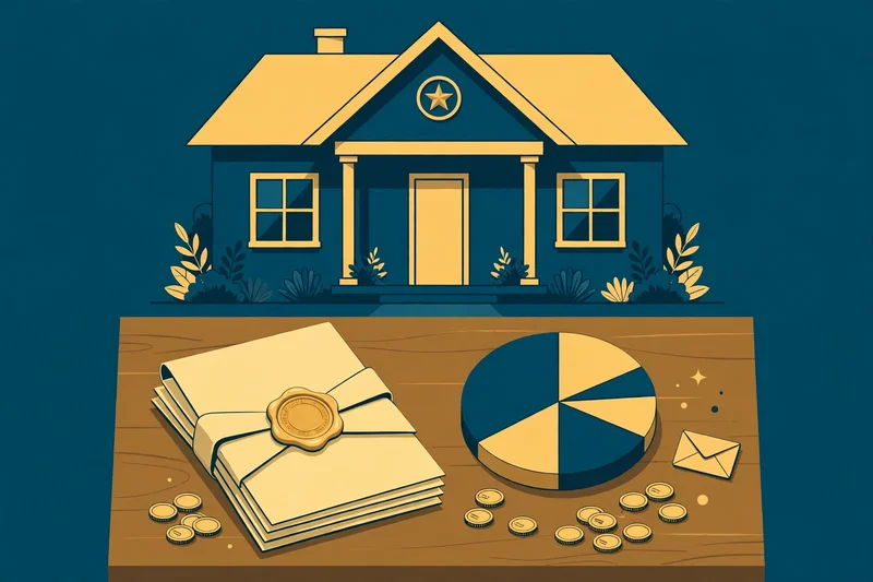 Flat fintech illustration in deep teal and gold: a Texas-shaped map beside a house with a key and a stack of closing documents, coins scattered around.