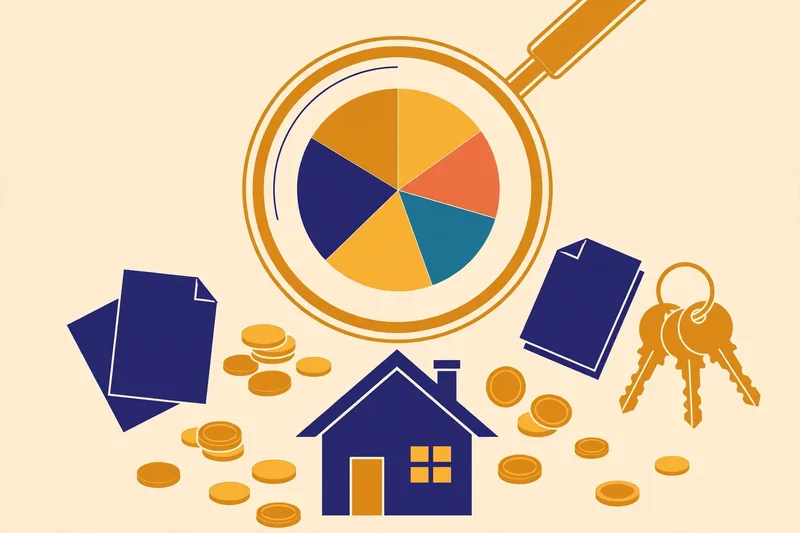 Magnifying glass over a pie chart revealing closing-cost slices above a house, with coins, documents and keys