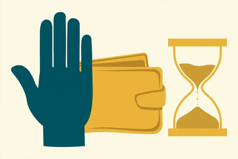 Flat fintech illustration in deep teal and gold: a large raised teal hand making a stop gesture in front of a gold wallet, with a gold hourglass beside it, on a pale cream background.