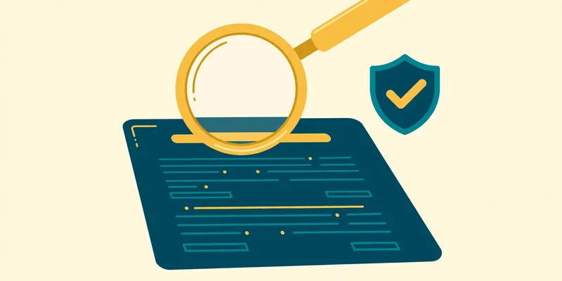 Flat fintech illustration in deep teal and gold: a gold magnifying glass inspecting a deep teal collection notice document, with a teal shield badge carrying a gold checkmark nearby, on a pale cream background.