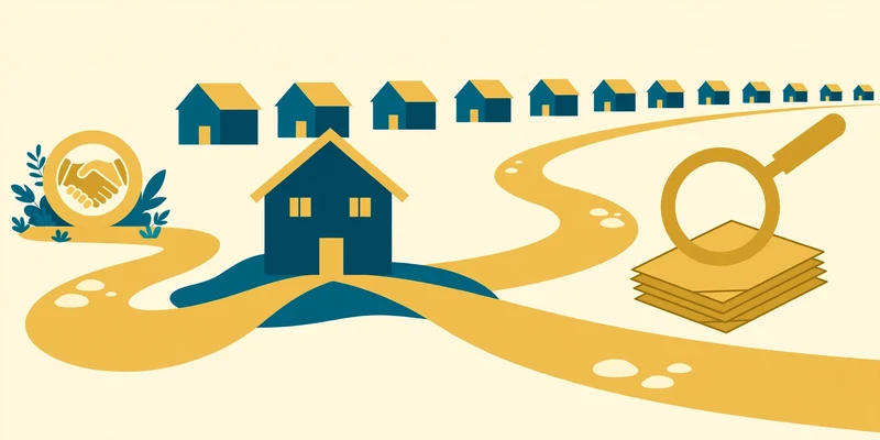 Flat fintech illustration in deep teal and gold: a small house at a fork where the ground splits into two paths, the left path leading to a gold handshake emblem, the right path to a magnifying glass hovering over a contract document, a small chain of houses receding behind, on a pale cream background.