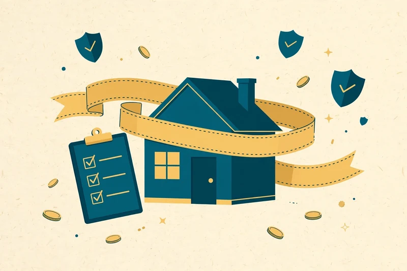 Flat fintech illustration in deep teal and gold: a modern house wrapped in a dotted gold ribbon banner like an under-contract band, a clipboard with a checklist beside it, small gold coins and a teal shield emblem floating around it, on a pale cream background.