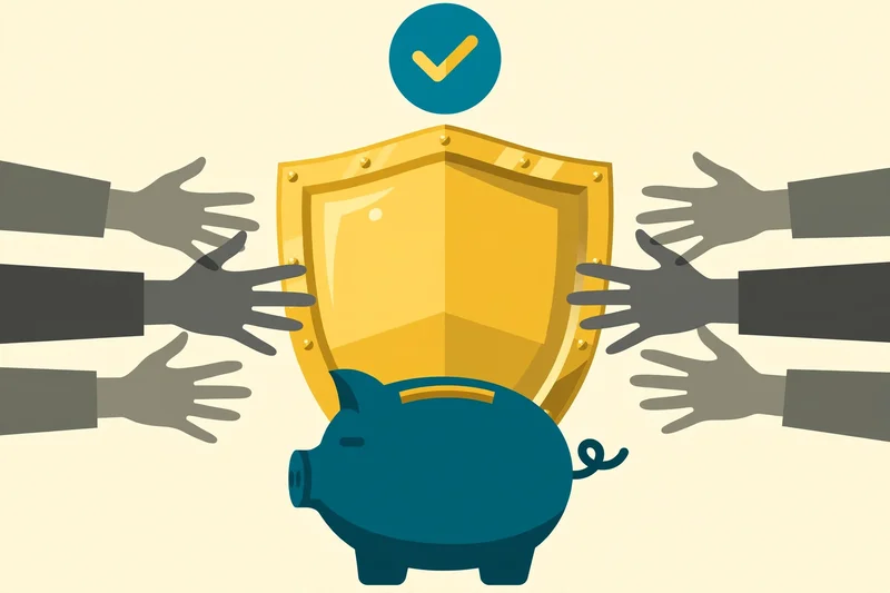 Flat fintech illustration in deep teal and gold: a gleaming gold shield guarding a deep teal piggy bank while shadowy gray hands reach in from both sides, with a teal badge and gold checkmark above, on a pale cream background