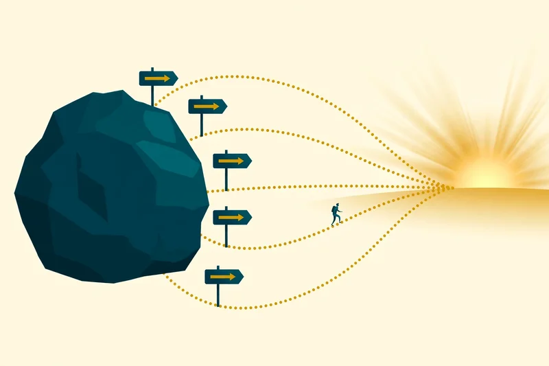 Flat fintech illustration in deep teal and gold: a heavy dark teal boulder with five teal signposts bearing gold arrows, dotted gold paths converging toward a bright sunrise horizon as a small figure walks one of the paths, on a pale cream background