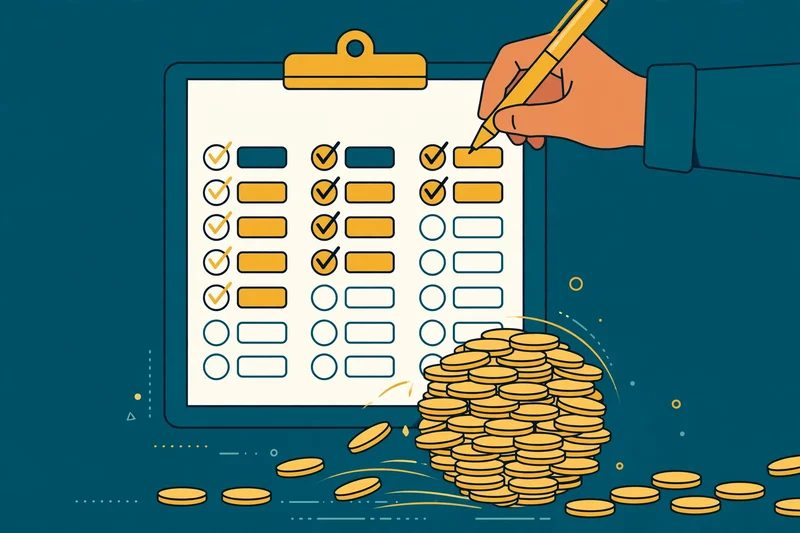 Flat fintech illustration in deep teal and gold: four stacked coins shrinking as a snowball grows larger, with a checklist beside it.
