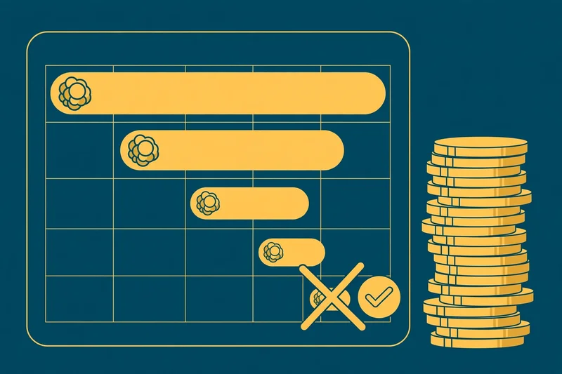 Flat fintech illustration in deep teal and gold: a worksheet with four debt rows cascading into a growing snowball rolling toward a finish line.