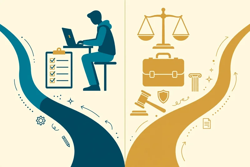 Flat fintech illustration in deep teal and gold: a split scene with a DIY path showing a person at a laptop with a checklist on the left and a lawyer path with scales of justice, briefcase, gavel, and column on the right, on a pale cream background, no text