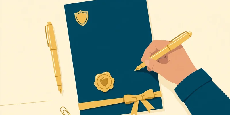 Flat fintech illustration in deep teal and gold: a hand signing a teal will document with a gold seal, ribbon, and shield beside a gold fountain pen on a desk, on a pale cream background, no text