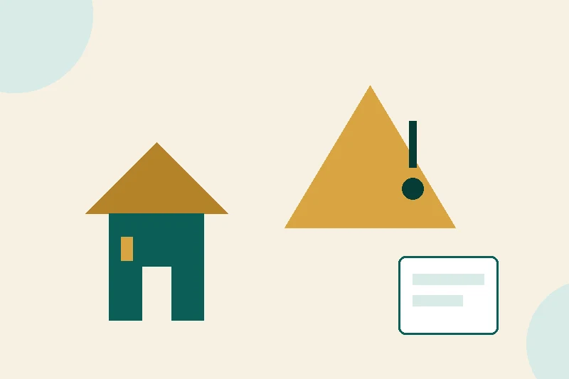 A flat illustration of a house with a warning flag and a much more expensive replacement policy document beside it on a pale cream background