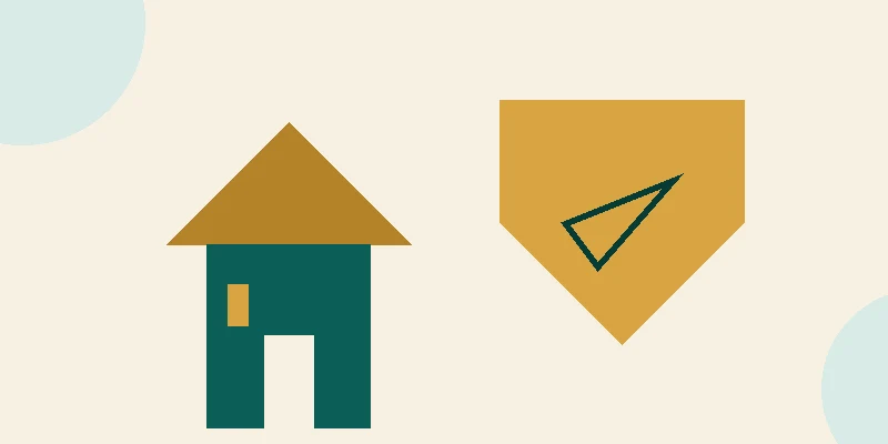 A flat illustration of a teal house protected by a large gold shield, with a small bank building beside it on a pale cream background