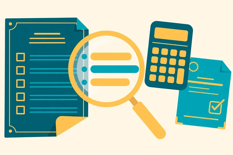 Flat fintech illustration in deep teal and gold: a settlement agreement document with a magnifying glass examining an allocation list beside a calculator and a teal tax form, on a pale cream background, no text
