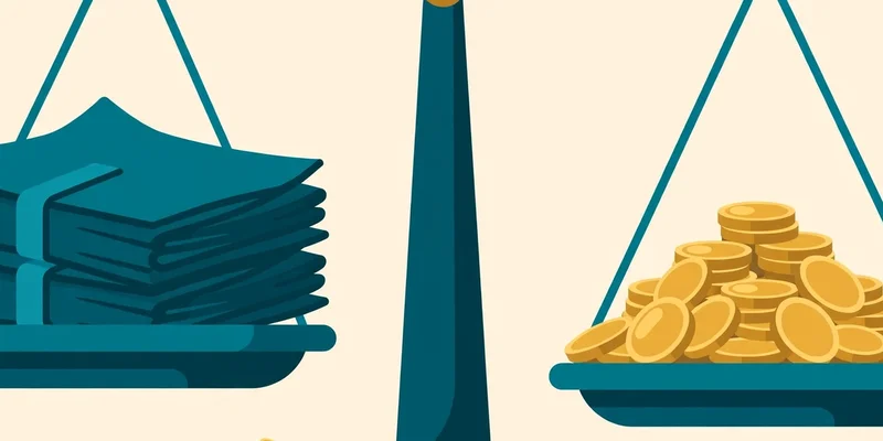 Flat fintech illustration in deep teal and gold: scales of justice balancing a stack of teal tax documents against a pile of gold coins, on a pale cream background, no text