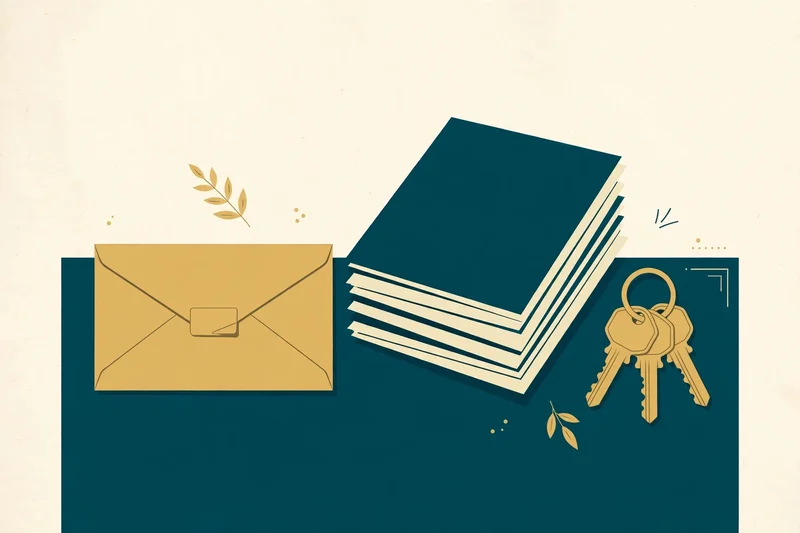 A gold escrow envelope, house keys, and a stack of closing documents on a deep teal surface