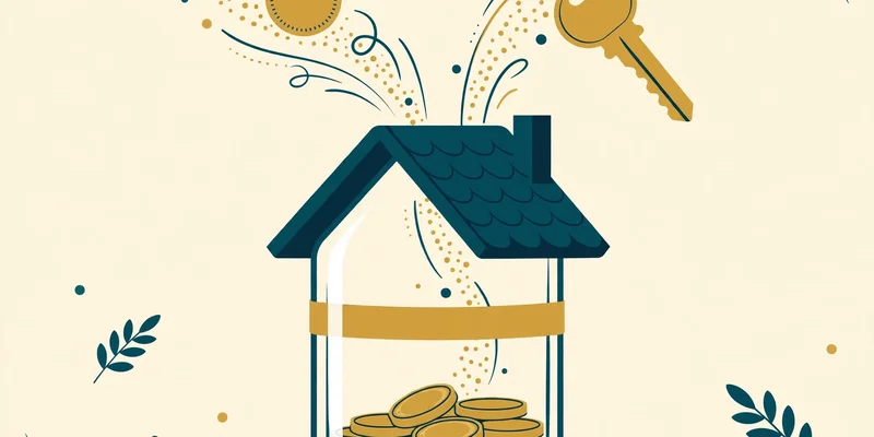 Gold coins and a house key flowing into a house-shaped savings jar in deep teal and gold on pale cream