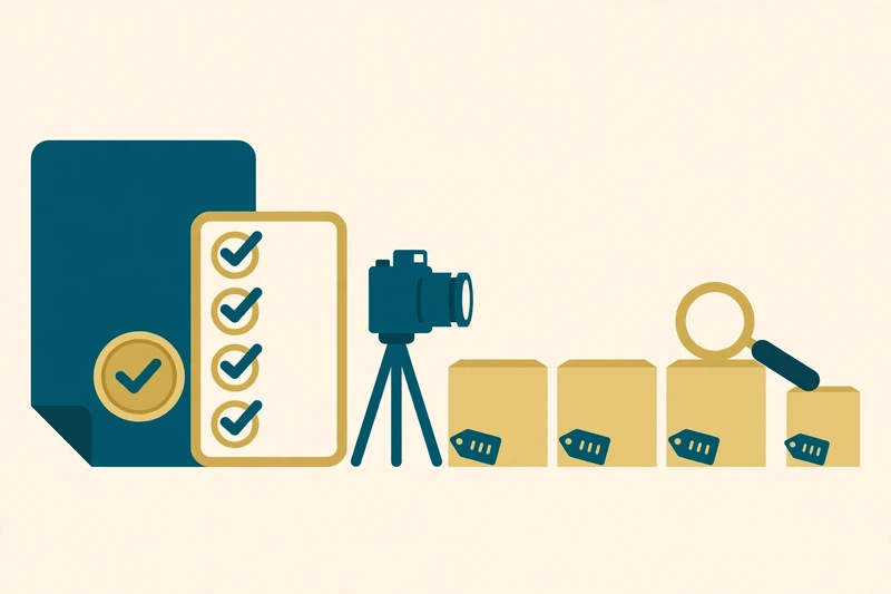 Flat fintech illustration in deep teal and gold: a teal policy document with a gold checklist, a camera on a tripod photographing labeled gold moving boxes with tags, a magnifying glass over one tag, on a pale cream background, no text