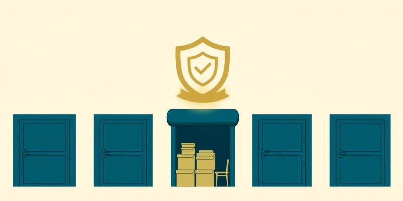 Flat fintech illustration in deep teal and gold: a row of teal storage unit doors with one rolled open revealing stacked gold boxes and a chair inside, a large golden shield emblem floating above, on a pale cream background, no text