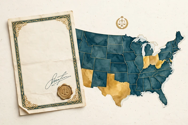 A signed trust document beside a map of the United States highlighting DAPT states, with a trustee's seal, in deep teal and gold on a pale cream background