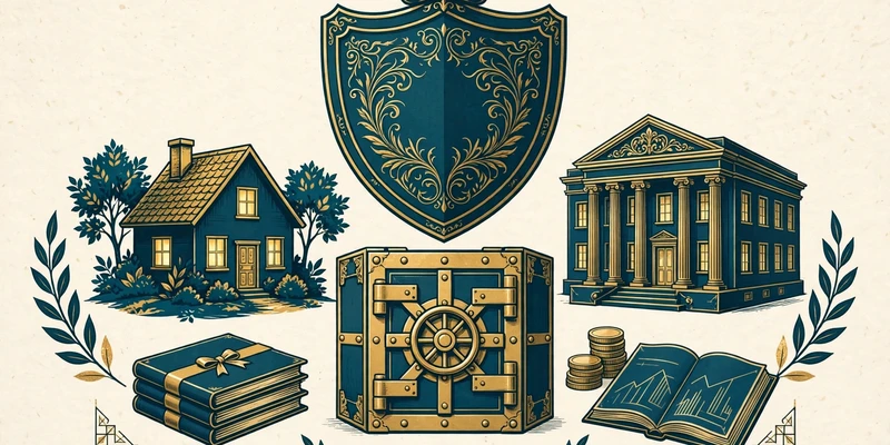 A shield and a vault guarding a house, investment accounts, and a business building, in deep teal and gold on a pale cream background