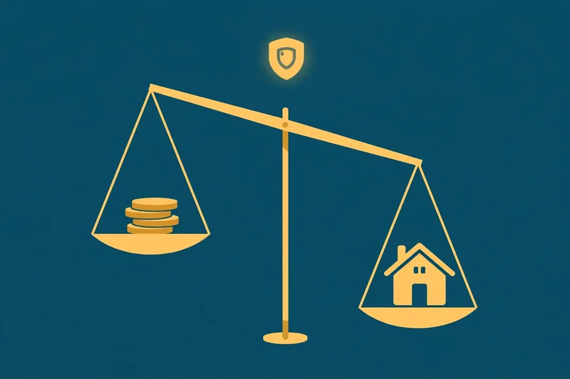 Flat fintech illustration in deep teal and gold: a balance scale weighing a coin stack against a house, with a protective shield above.