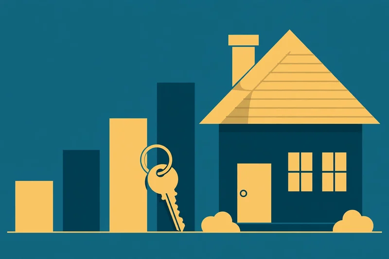 Flat fintech illustration: a house with four rising percentage blocks &mdash; 3, 5, 10 and 20 percent &mdash; representing down payment options, in deep teal and gold.