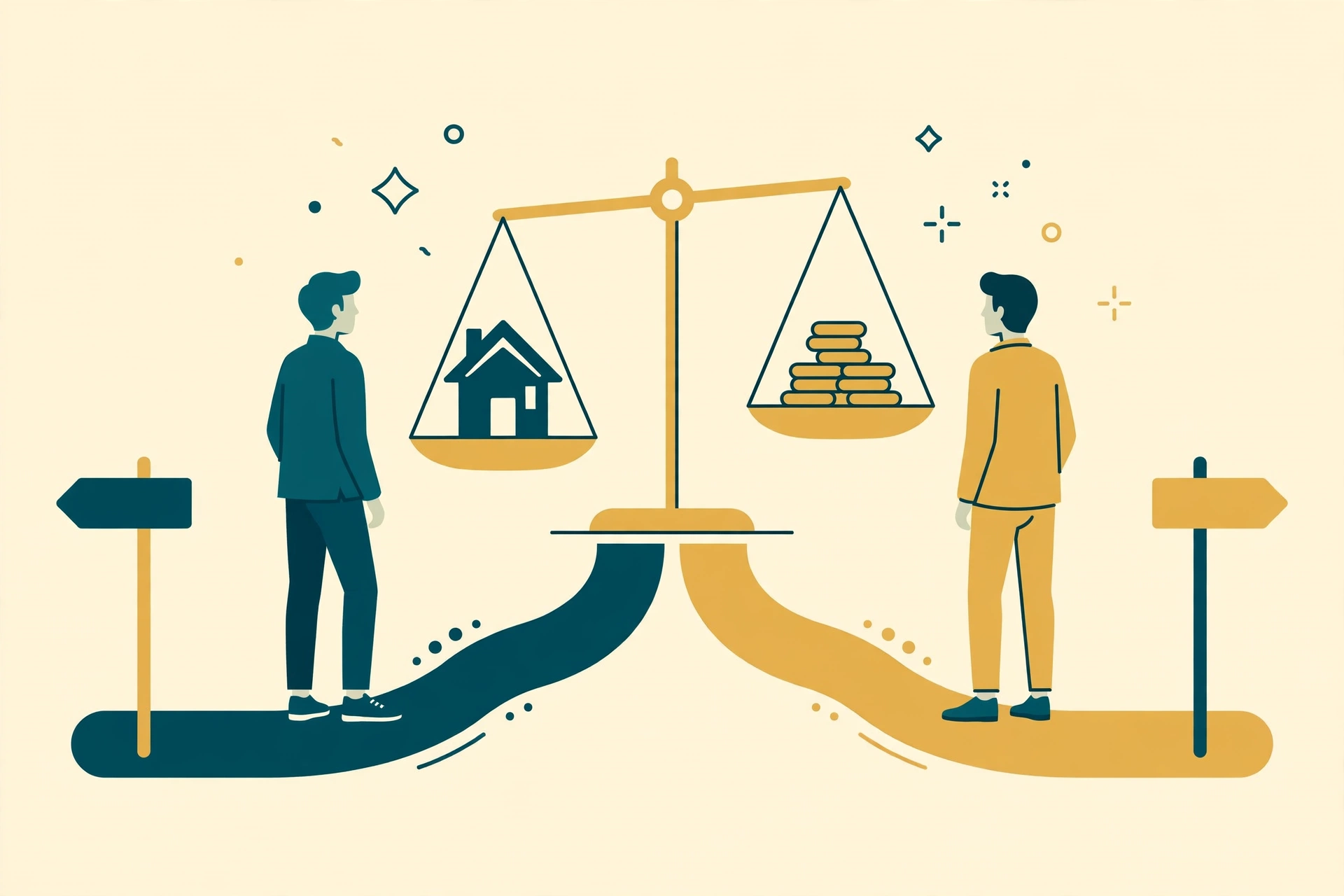 Flat fintech illustration in deep teal and gold: a forked decision path with two signposts, two figures on either side of a scale balancing a house and coins, pale cream background, no text.