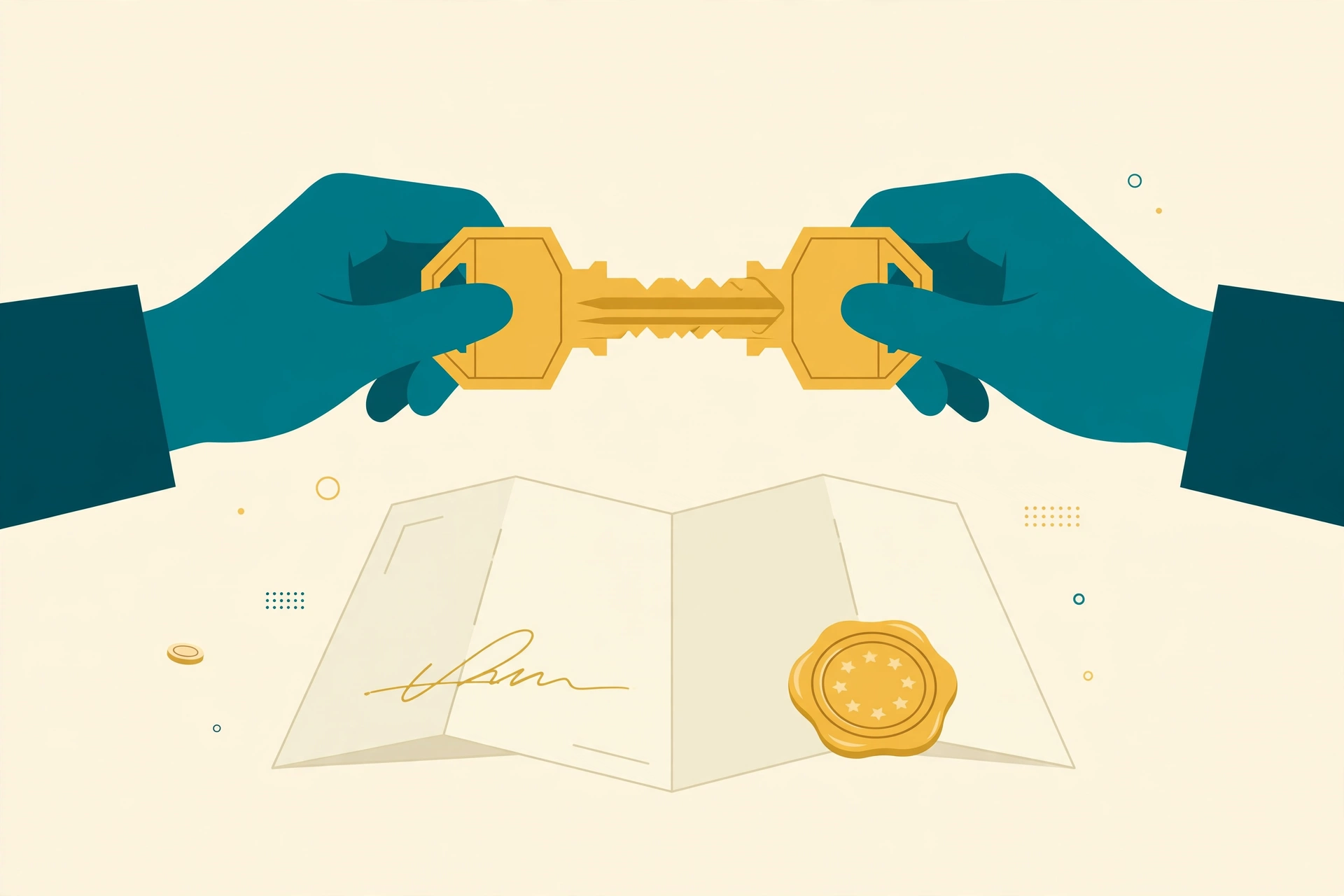 Flat fintech illustration in deep teal and gold: two teal hands each holding one half of a golden key, fitting together over a signed legal document with a golden seal, pale cream background, no text.