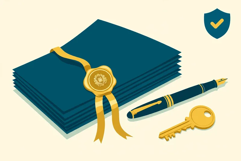 Flat fintech illustration in deep teal and gold: teal legal documents with a gold wax seal and ribbon, a teal fountain pen, a gold key, and a small teal shield with a gold checkmark on pale cream, no text.