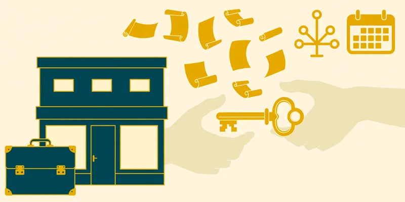 Flat fintech illustration in deep teal and gold: a teal storefront and briefcase, two hands exchanging a large gold key, gold scrolls, a family tree and a gold calendar on pale cream, no text.