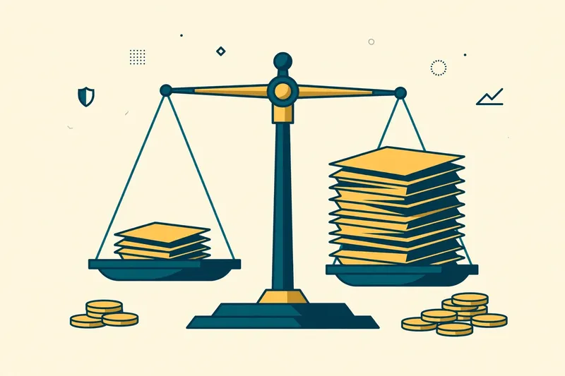 Flat fintech illustration in deep teal and gold: a balance scale weighing a small stack of documents against a tall stack, with gold coins, on a pale cream background.