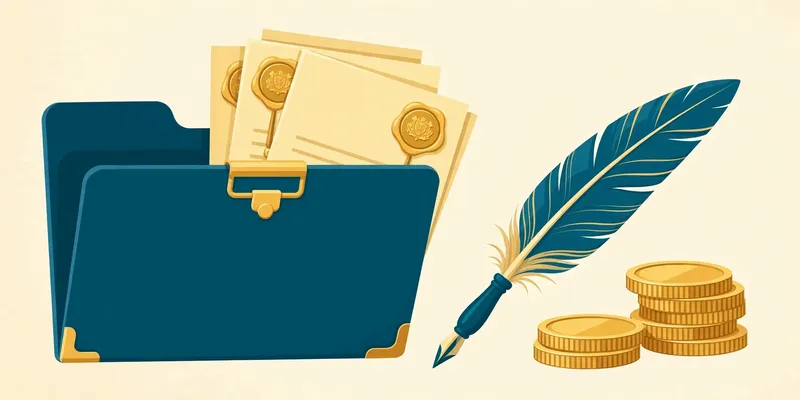 Flat fintech illustration in deep teal and gold: a teal folder with gold-sealed legal documents, a quill pen, and stacked gold coins on a pale cream background.