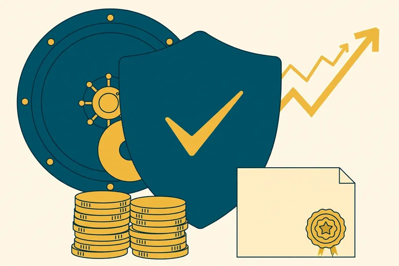 Flat fintech illustration in deep teal and gold: a teal shield with a gold checkmark in front of a teal vault door, gold coin stacks, a document with a gold seal, and a rising gold arrow chart on pale cream, no text.