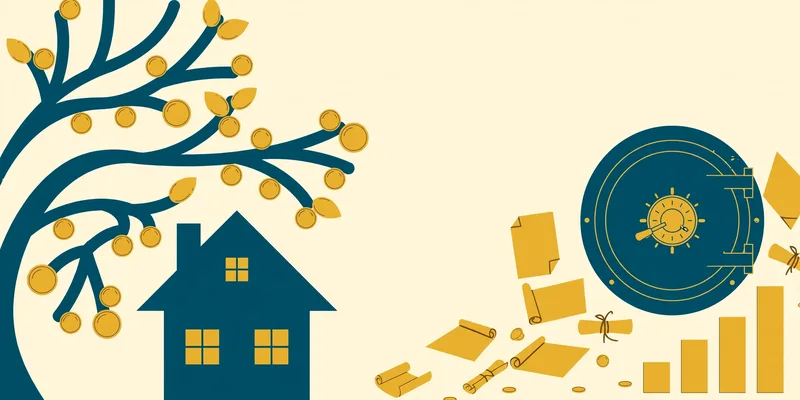 Flat fintech illustration in deep teal and gold: a deep teal family tree with gold coin leaves, a teal house with gold windows, a teal vault door with a gold dial, gold scrolls and an upward gold bar chart on pale cream, no text.