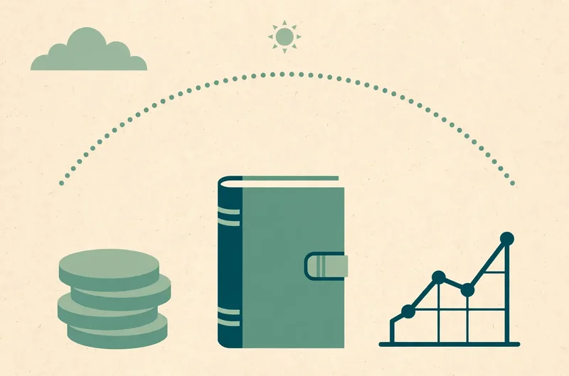 Illustration of three pillars: a stack of coins, a closed ledger book and a rising line chart in sage green and teal