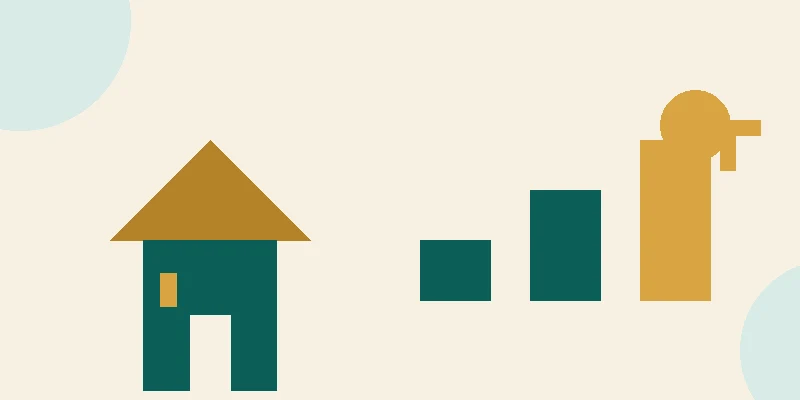 A flat illustration of a small teal house with a large gold key beside it and three price bands rising in steps on a pale cream background