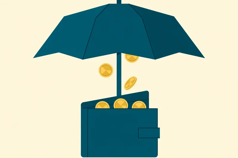 Flat fintech illustration in deep teal and gold: a teal wallet holding gold coins, sheltered under a large protective teal umbrella on a pale cream background, symbolising the tax shelter.