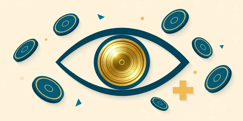 Flat fintech illustration in deep teal and gold: a large stylised eye with a gleaming gold lens iris, surrounded by floating teal coins and a gold medical cross on a pale cream background.