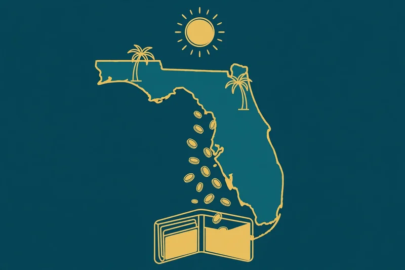 Flat fintech illustration in deep teal and gold: Florida's silhouette with palm trees and gold coins raining into an open wallet.